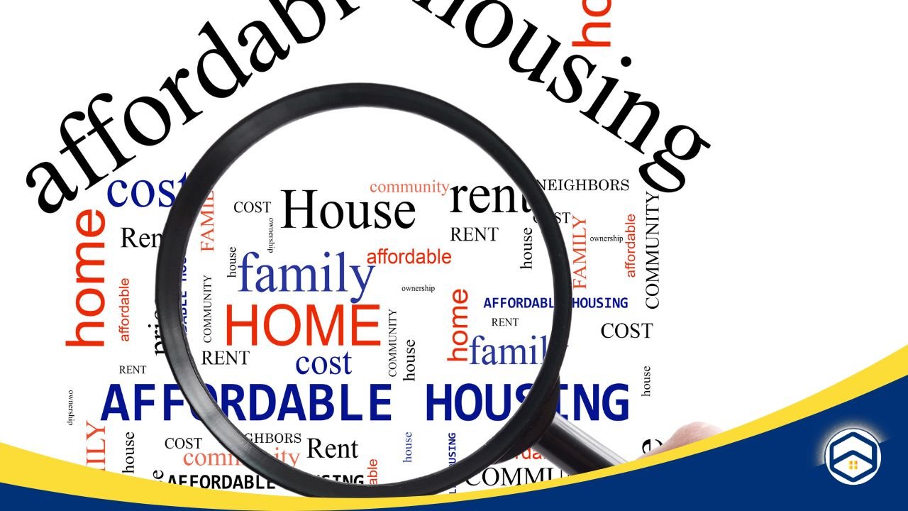 Magnifying glass focusing on words like 'affordable,' 'housing,' and 'family,' representing affordable sublease opportunities in prime locations.