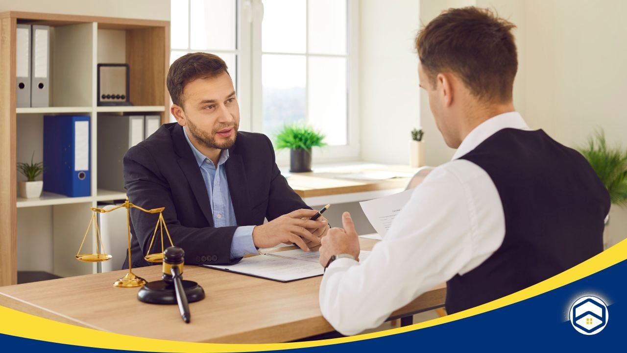 Two men discussing documents in an office setting with legal symbols, representing the importance of consulting professionals during lease negotiations.