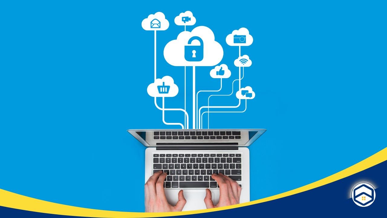 Laptop with cloud icons representing security measures, highlighting the importance of adding home security systems to reduce insurance premiums.