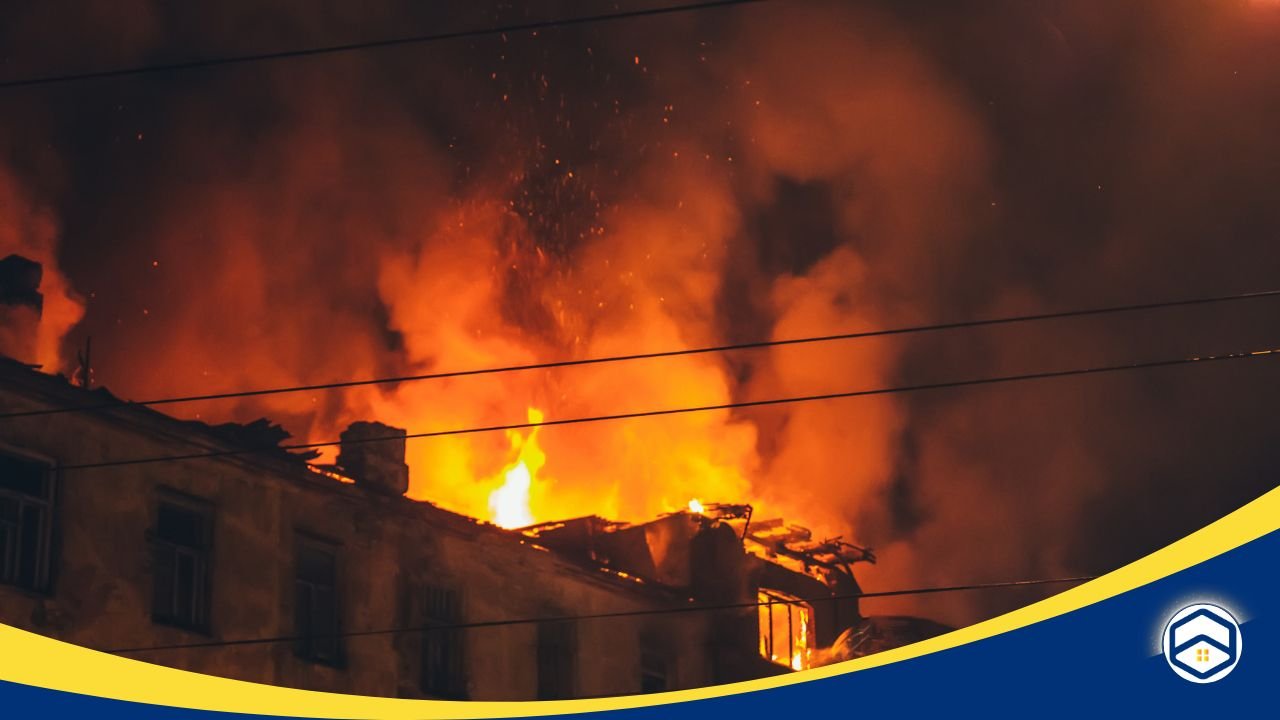 Burning building during a fire, representing the importance of belongings insurance against natural disasters like fires and storms - Conroe Insurance for Belongings.