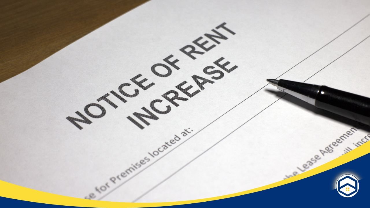 Document titled 'Notice of Rent Increase' with a pen, highlighting rent hike disputes during lease renewal.