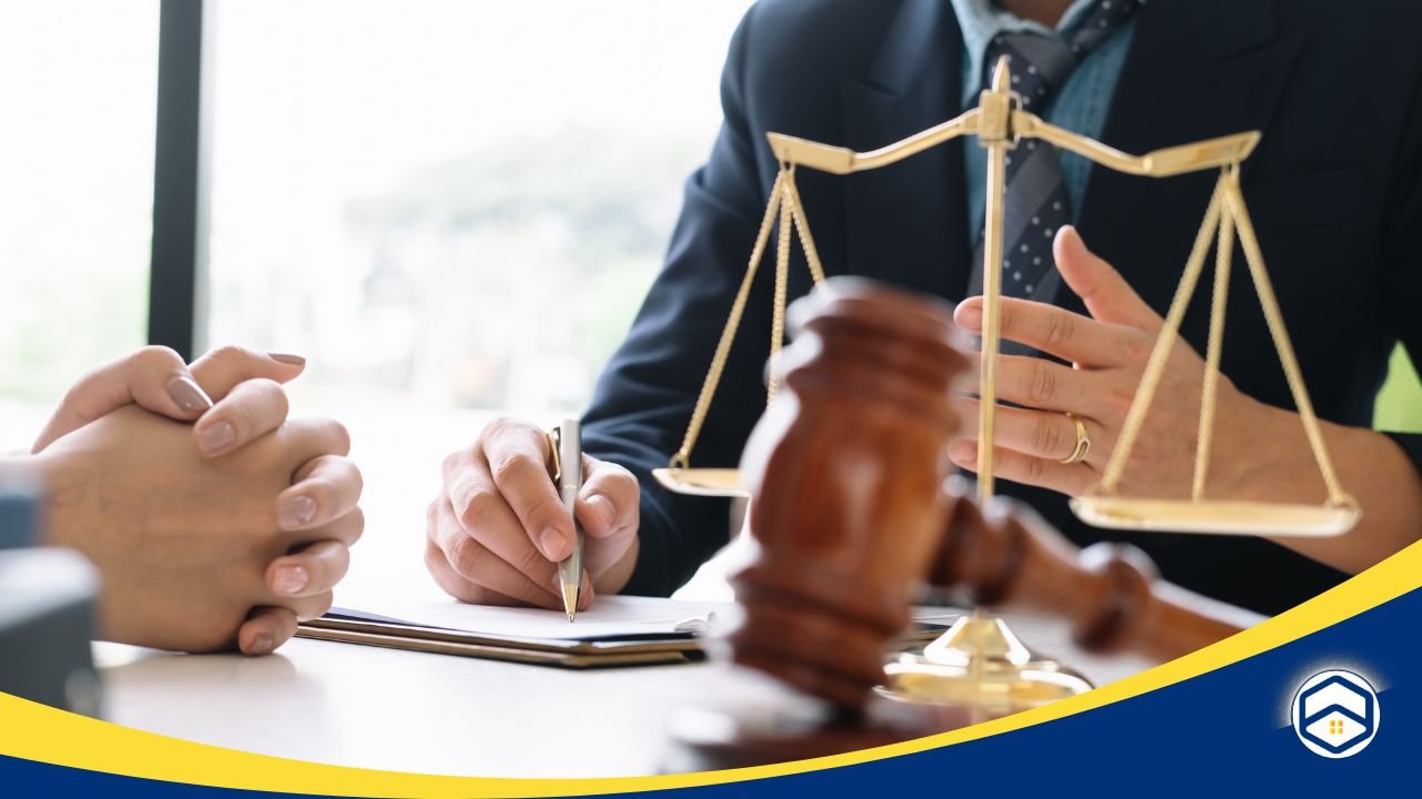 Hands of two people in discussion with a scale and gavel on a desk, symbolizing seeking legal advice for tenant rights.