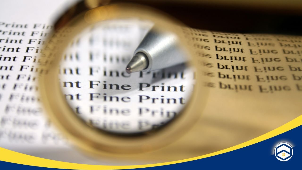 A magnifying glass focusing on the words 'Fine Print' with a pen nearby, emphasizing the need to carefully review lease terms to avoid hidden fees and responsibilities.