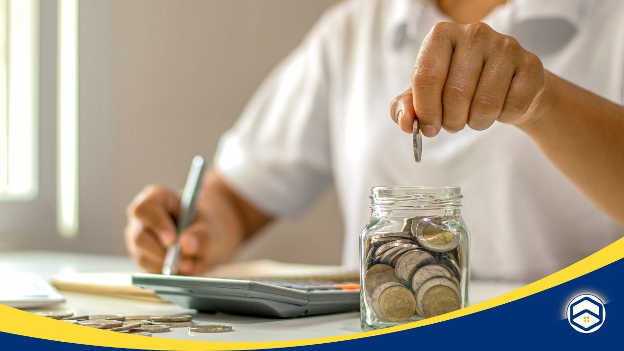 Person dropping coins into a jar while calculating expenses, symbolizing cost-saving tips for lease renewal.