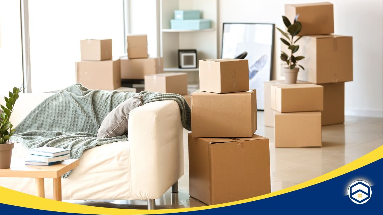 Living room with moving boxes and furniture, symbolizing belongings insurance coverage for personal items.