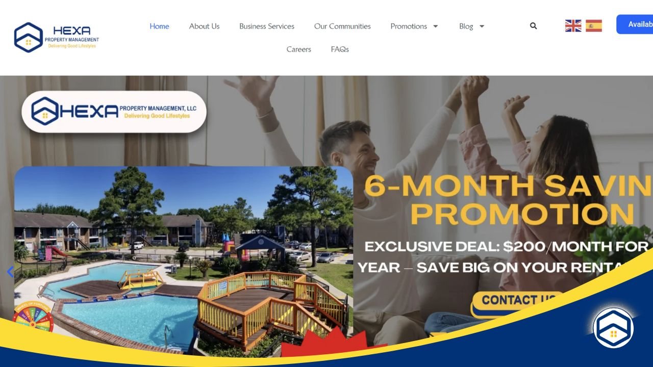 HEXA Property Management website showcasing a 6-month savings promotion, offering affordable and verified sublease options.