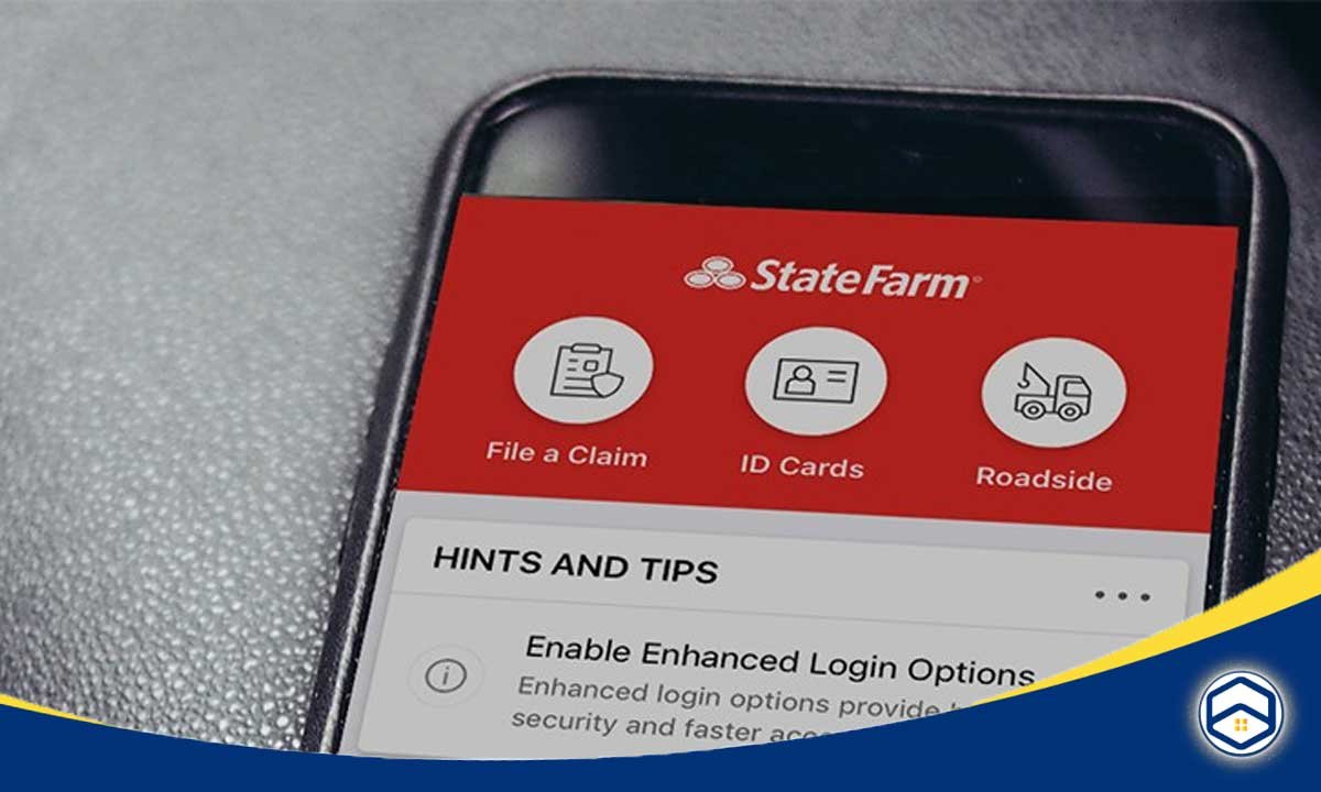 The image appears to be a screenshot of the State Farm mobile app, which provides information about filing claims, obtaining ID cards, and roadside assistance