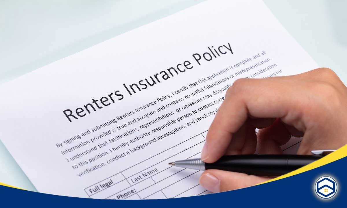 The image shows a Renters Insurance Policy form, indicating that the topic is about renters insurance options for Houston apartments. 