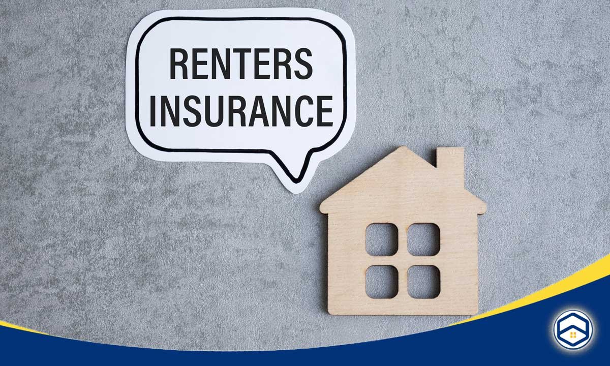 The image shows a speech bubble with the text "RENTERS INSURANCE", indicating that the topic is about renters insurance options for Houston apartments.