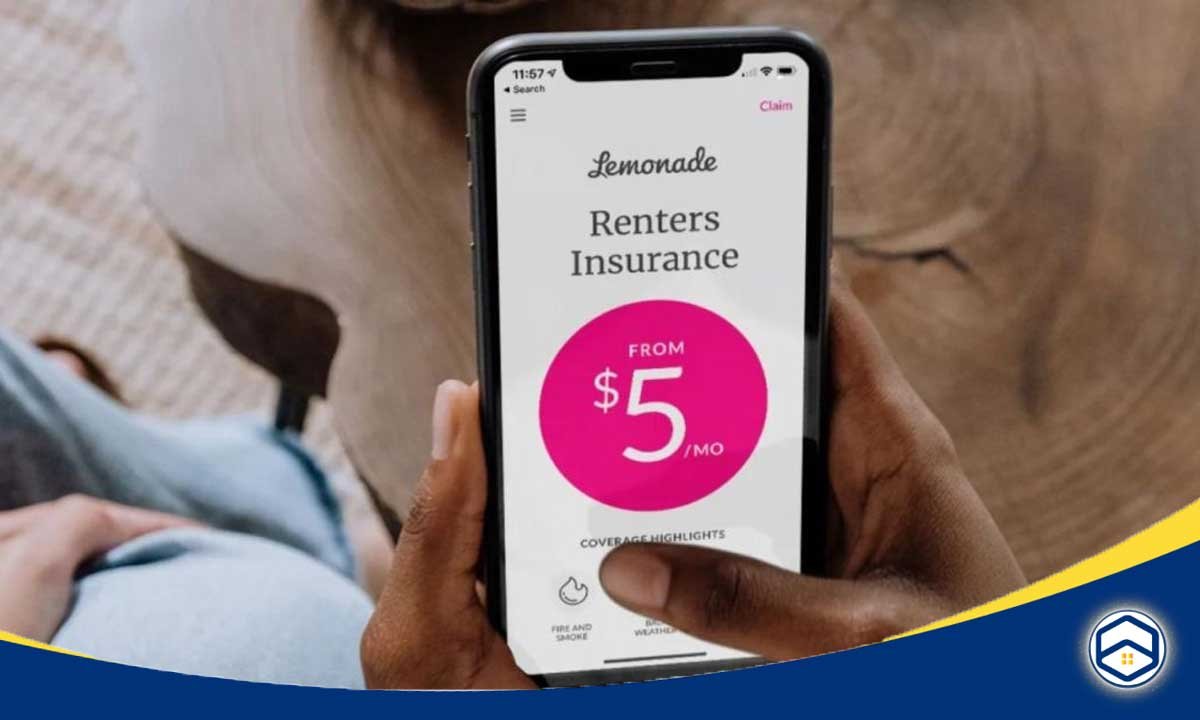 The image appears to be a screenshot of the Lemonade mobile app, which offers renters insurance starting at $5 per month.