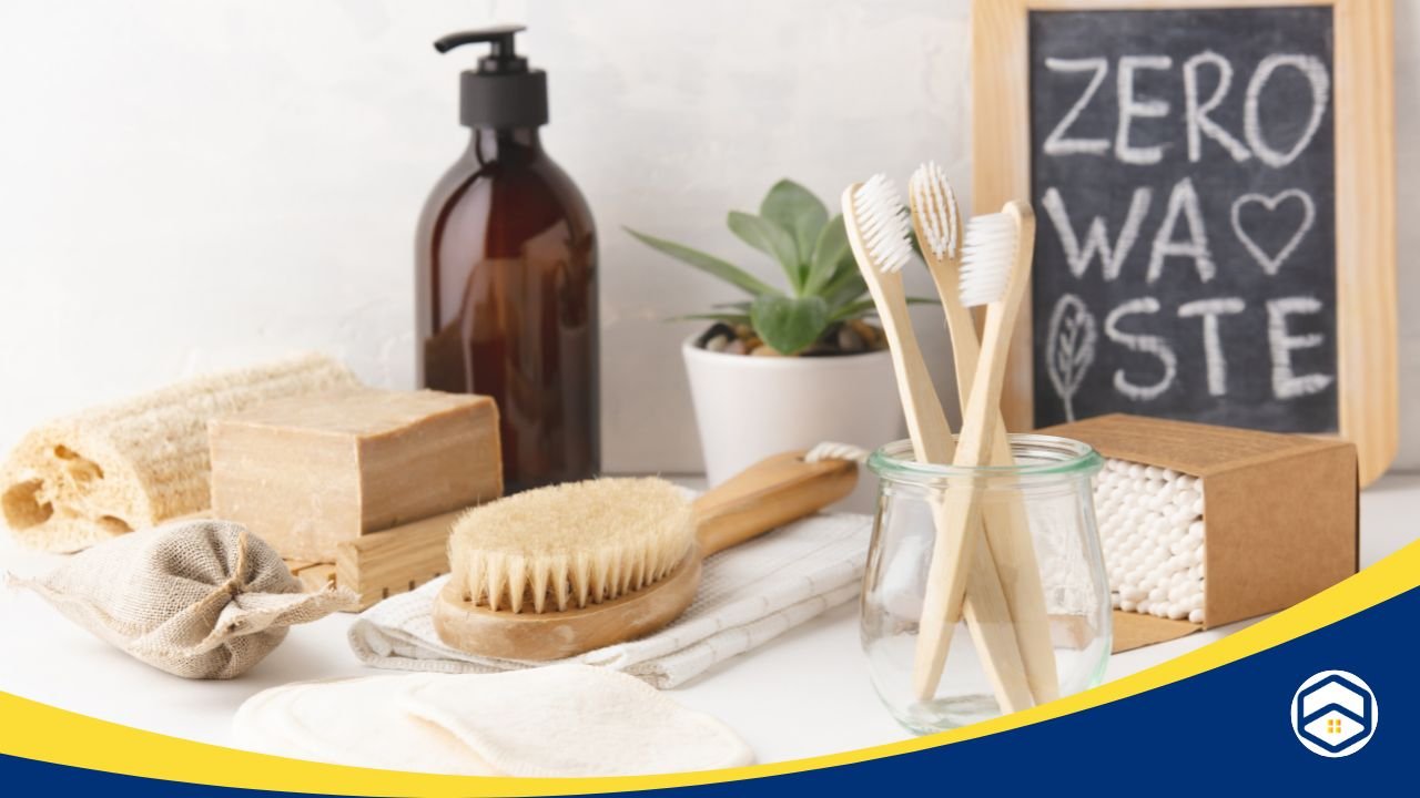 A collection of sustainable cleaning and hygiene products, including bamboo toothbrushes, natural soap, and reusable brushes, with a "Zero Waste" sign in the background, symbolizing eco-friendly cleaning choices. - cleaning services for Santa Fe apartments