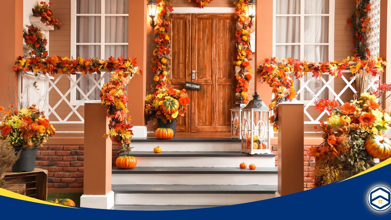 Front porch decorated with autumn garlands, pumpkins, rustic lanterns, and seasonal florals, creating a warm and inviting fall atmosphere for Houston homes.