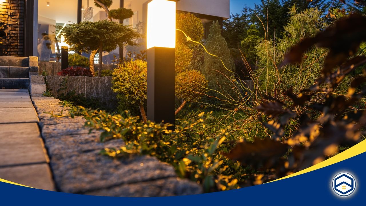 Outdoor garden path illuminated by modern landscape lighting, surrounded by lush greenery and stone edging, demonstrating weather-resistant decor suitable for Houston’s climate.