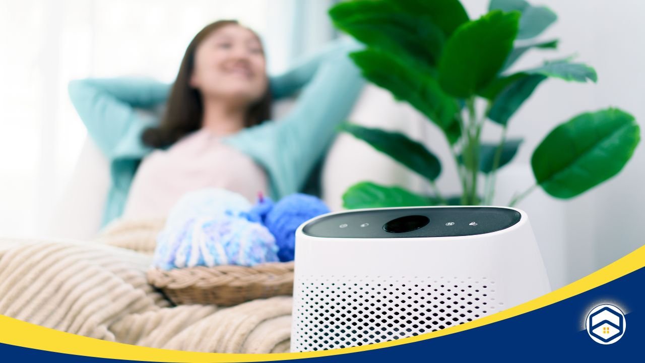 A modern air purifier sits in a cozy living space with a relaxed woman in the background, representing improved indoor air quality and allergen reduction. - cleaning services for Santa Fe apartments