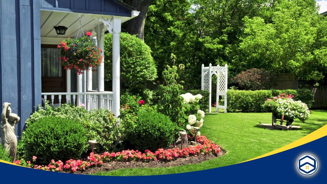 Vibrant Houston garden with blooming flowers, a white trellis, a blue cottage porch with hanging baskets, and lush green landscaping for spring and summer decor inspiration.