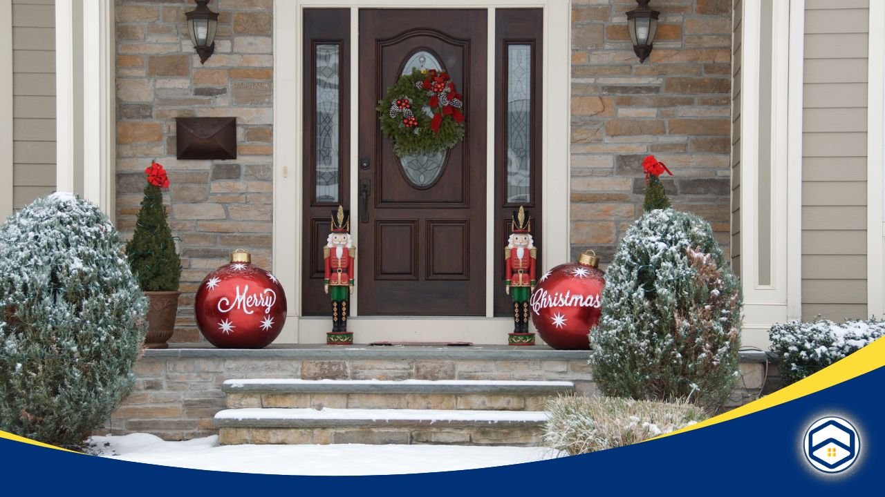 Front porch decorated with a Christmas wreath, nutcracker statues, large red ornaments with "Merry Christmas" text, and snow-dusted shrubs for a cozy Houston winter look.