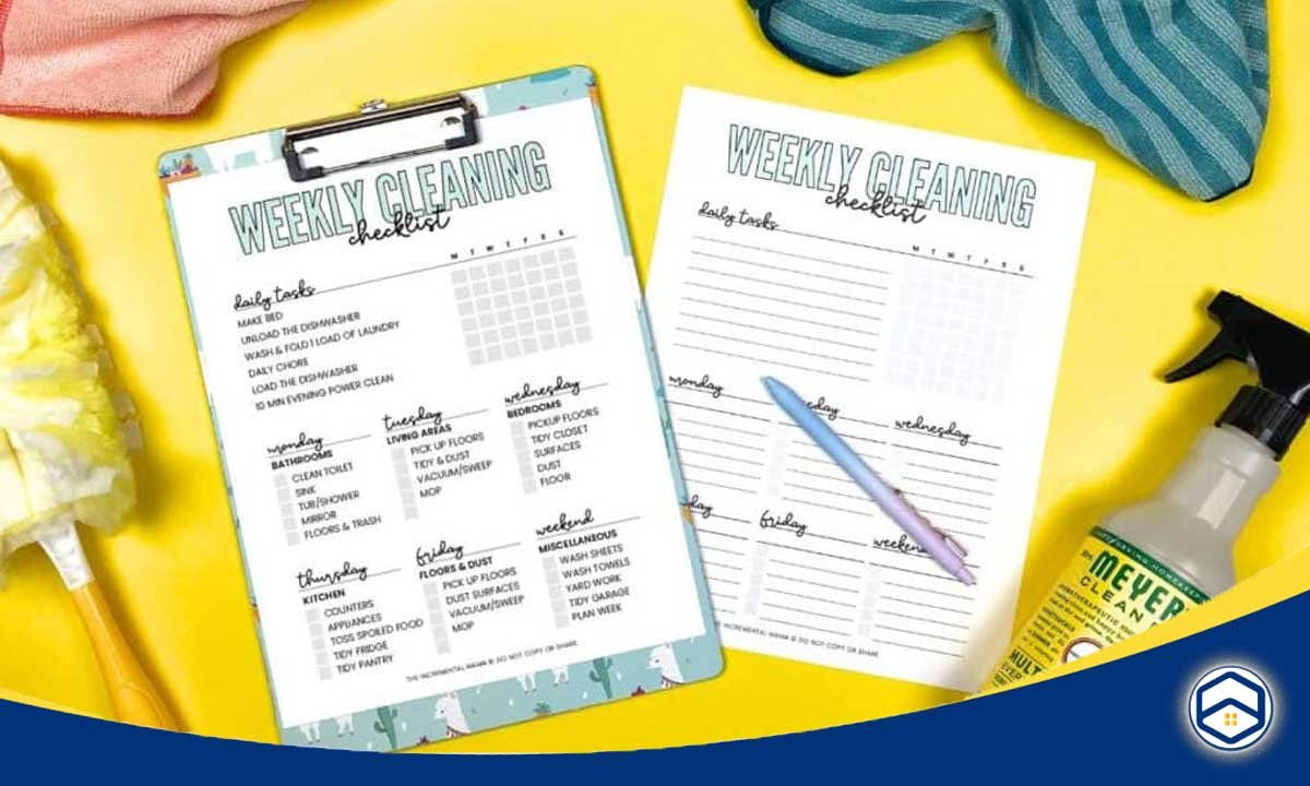 The image appears to be a weekly cleaning checklist for a home, with sections for daily tasks, as well as tasks for specific days of the week.