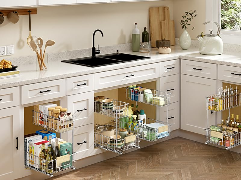 A white kitchen with pull-out shelves storing dry food, bottles, kitchen tools, and cleaning supplies, maximizing storage space.