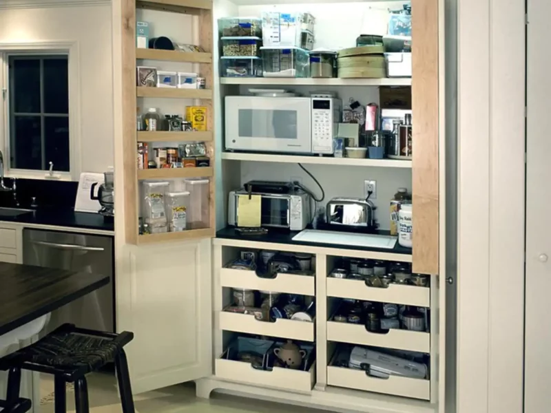 A kitchen with appliance garages concealing small appliances like a toaster, coffee maker, and blender, maintaining a clean and organized look.