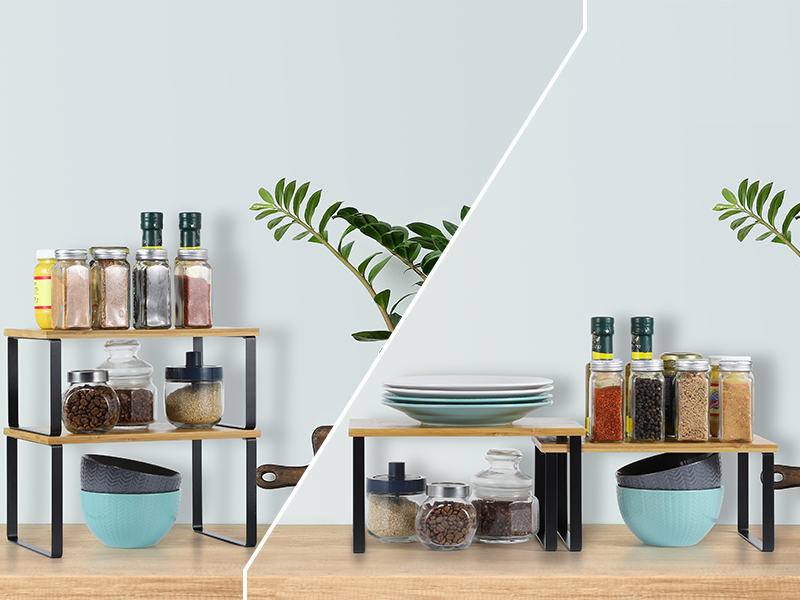 A side-by-side comparison of a two-tier and single-tier wooden kitchen rack, showing different ways to arrange spices and dishes.
