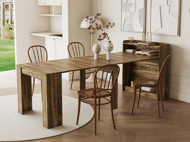 A wooden dining table with matching brown chairs, placed in a well-lit, modern dining room with neutral decor and minimalistic artwork.