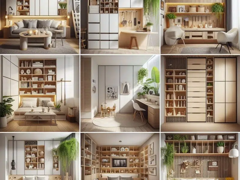 Modern home interior featuring a variety of space-saving furniture, built-in storage, and compact multi-functional design elements that exemplify smart space optimization techniques for small apartments and homes.
