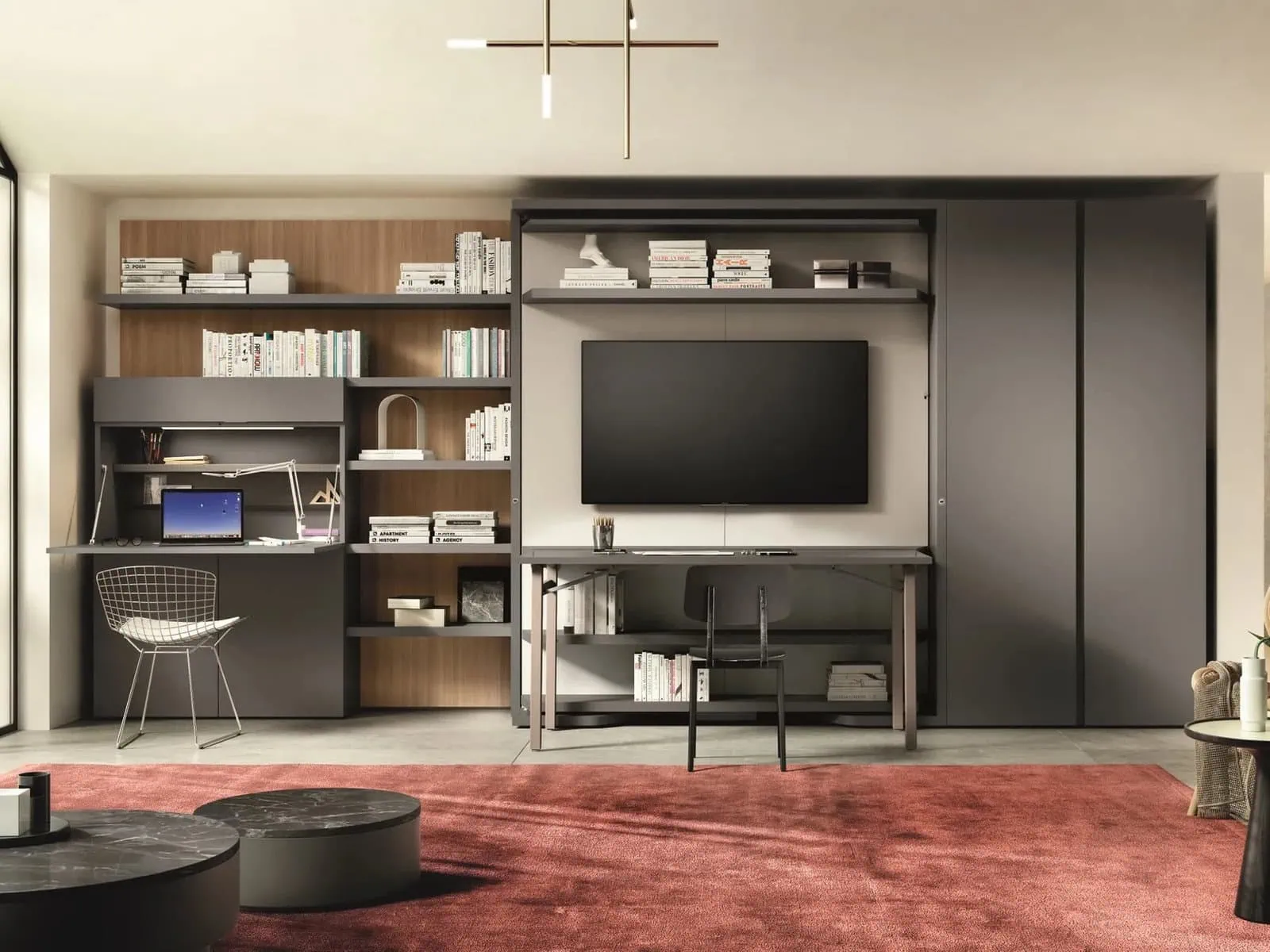 Contemporary living room featuring built-in shelving, a home office desk, wall-mounted TV, and storage units, exemplifying smart and stylish space-saving interior design.